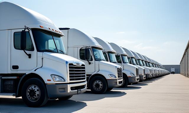 Row of high-tech logistics trucks ready for transport